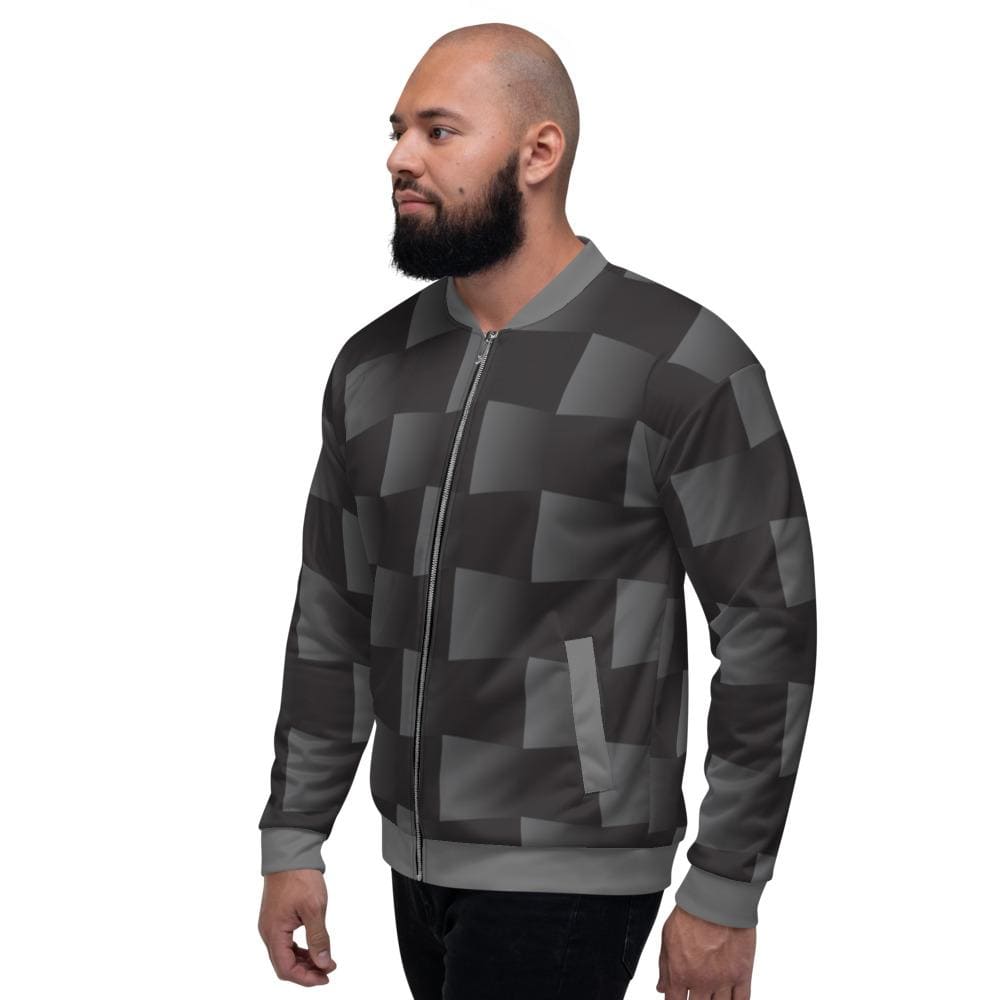 Bomber Jacket for Men - Black and Grey 3d Square Block Pattern-3