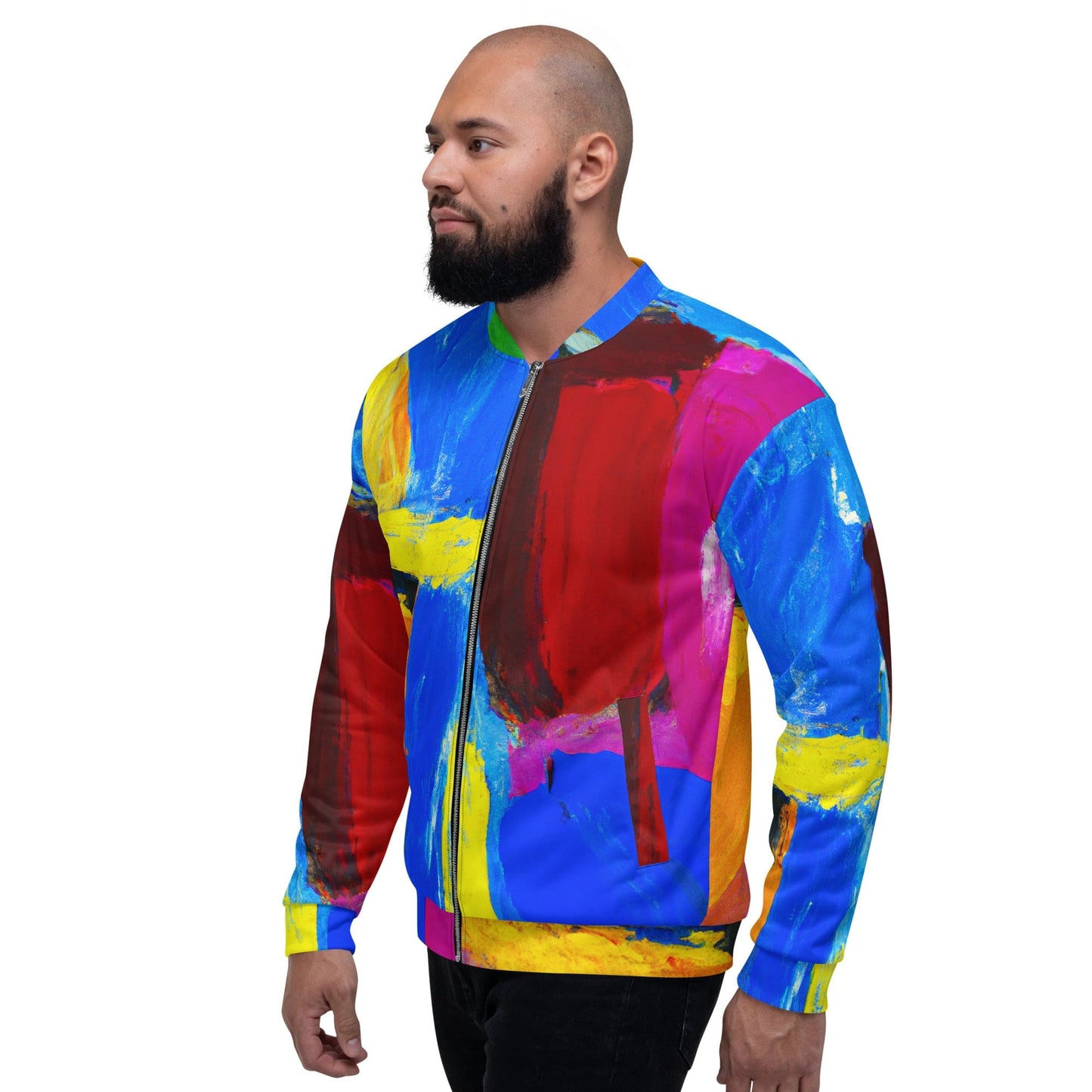 Mens Bomber Jacket - Blue Red Abstract Pattern-3