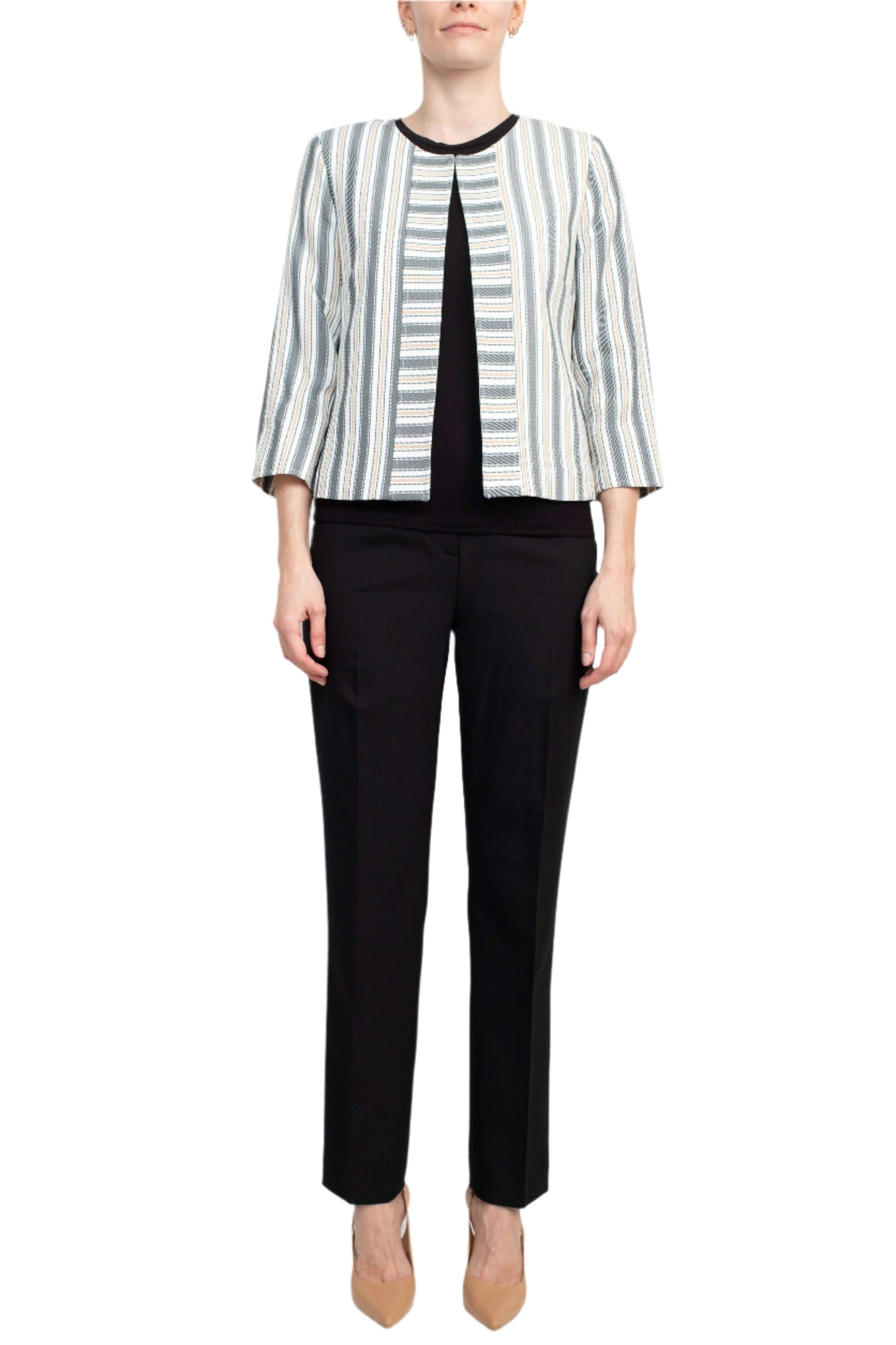 Tahari ASL Crew Neck 3/4 Sleeve Hook & Eye Stripe Print Twill Jacket-4