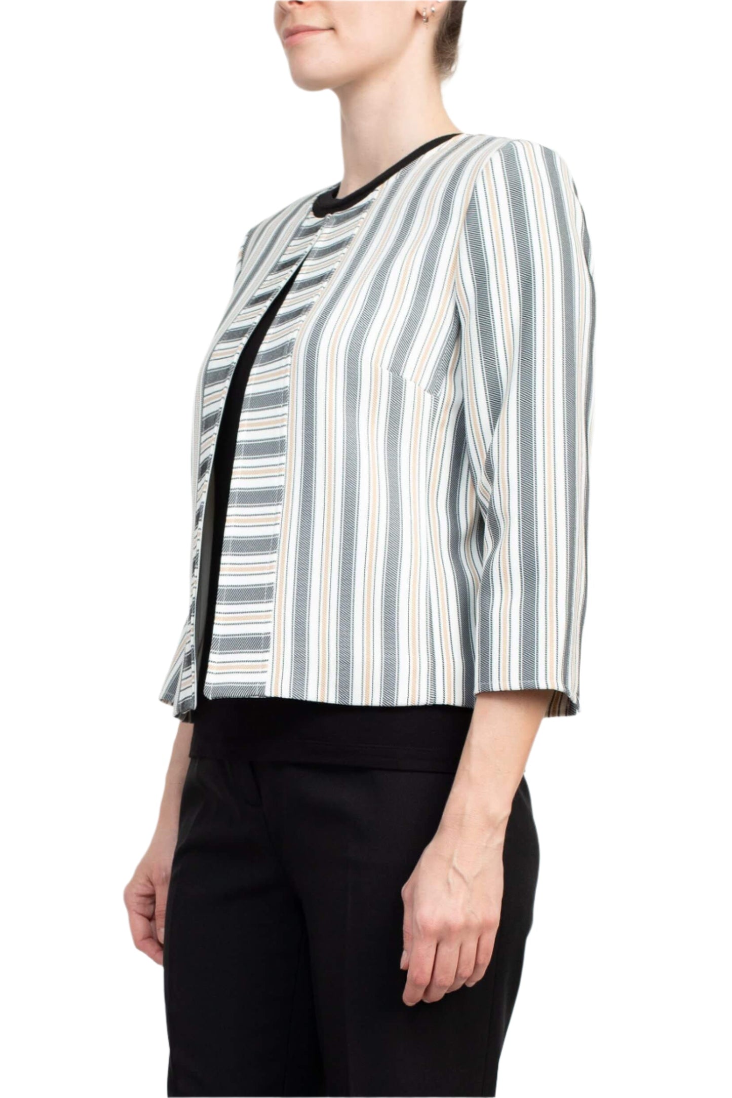 Tahari ASL Crew Neck 3/4 Sleeve Hook & Eye Stripe Print Twill Jacket-1