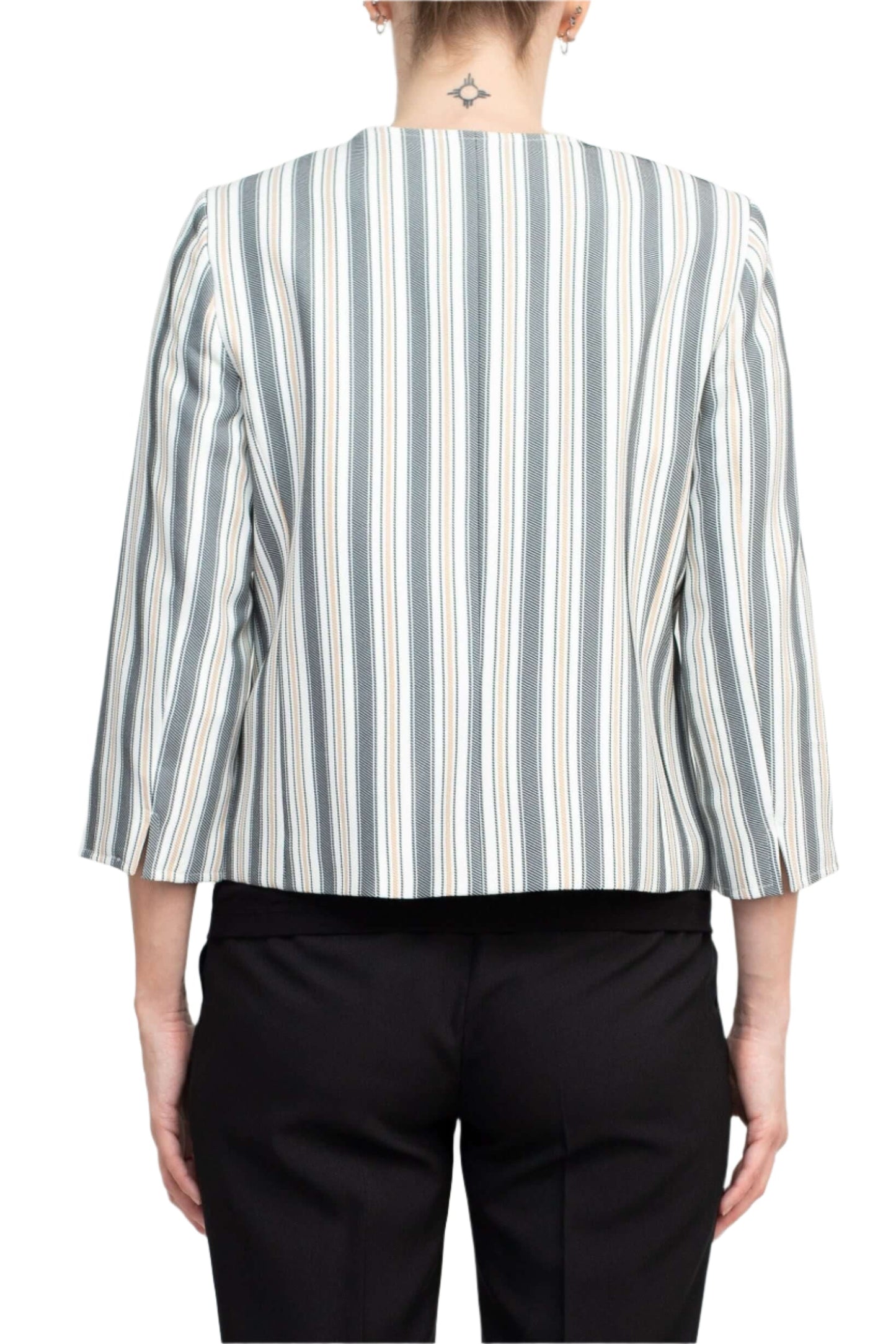 Tahari ASL Crew Neck 3/4 Sleeve Hook & Eye Stripe Print Twill Jacket-2