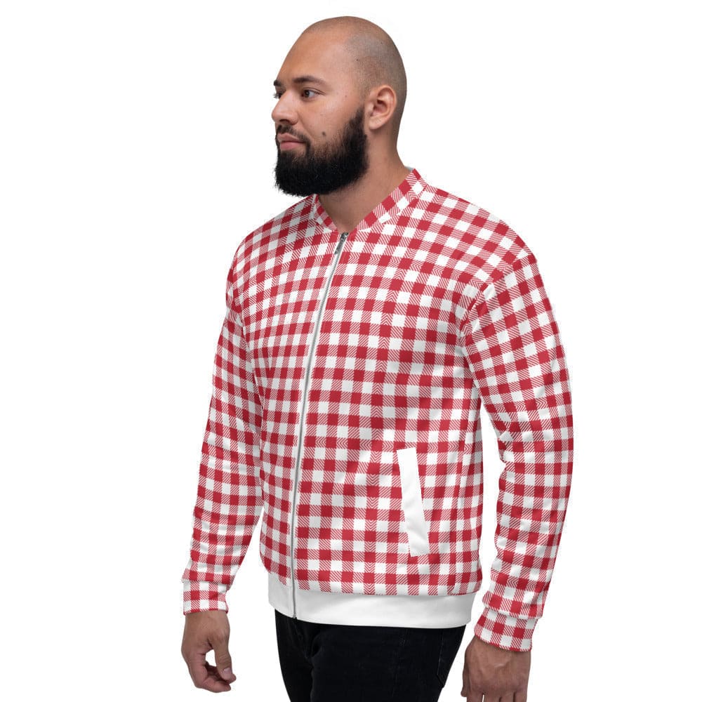 Bomber Jacket for Men - Buffalo Plaid Red and White Stripe Pattern-3