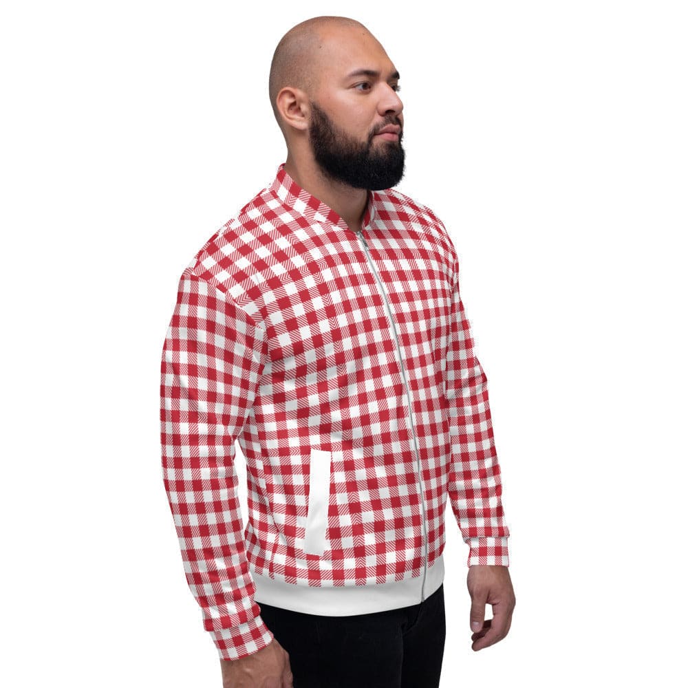 Bomber Jacket for Men - Buffalo Plaid Red and White Stripe Pattern-2