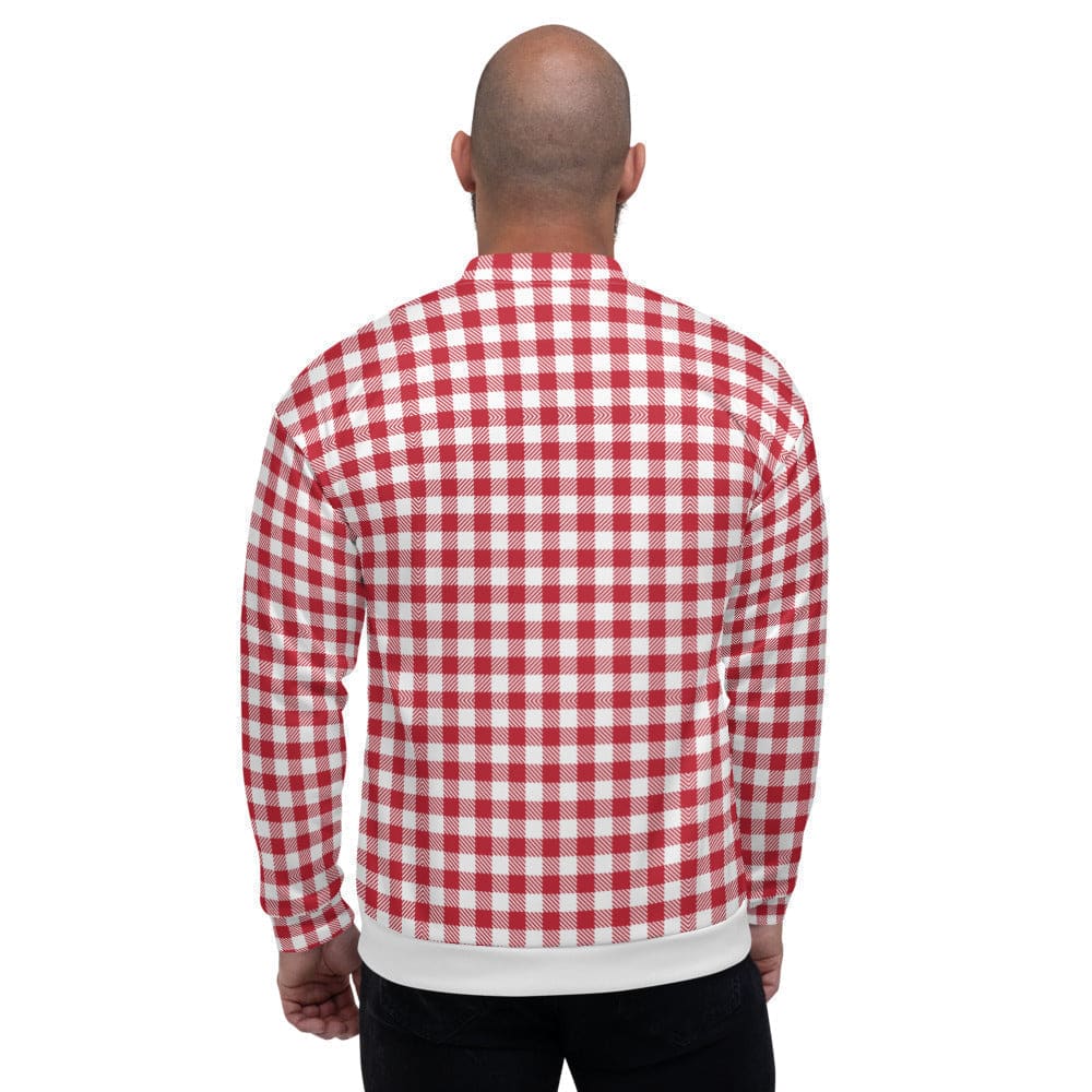 Bomber Jacket for Men - Buffalo Plaid Red and White Stripe Pattern-1