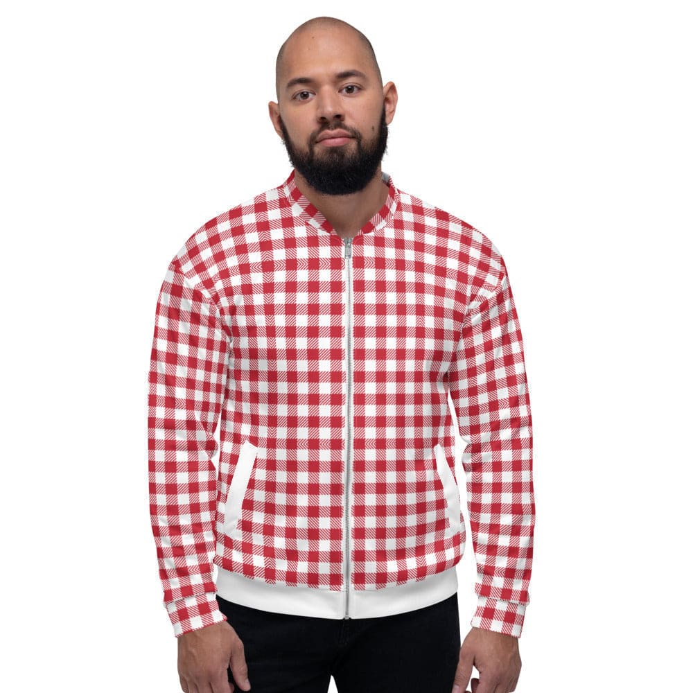 Bomber Jacket for Men - Buffalo Plaid Red and White Stripe Pattern-0