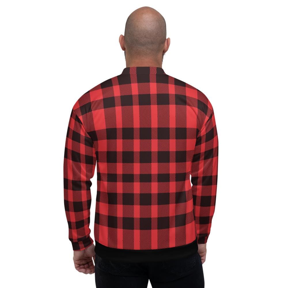 Bomber Jacket for Men - Red and Black Plaid Colorblock Pattern-1