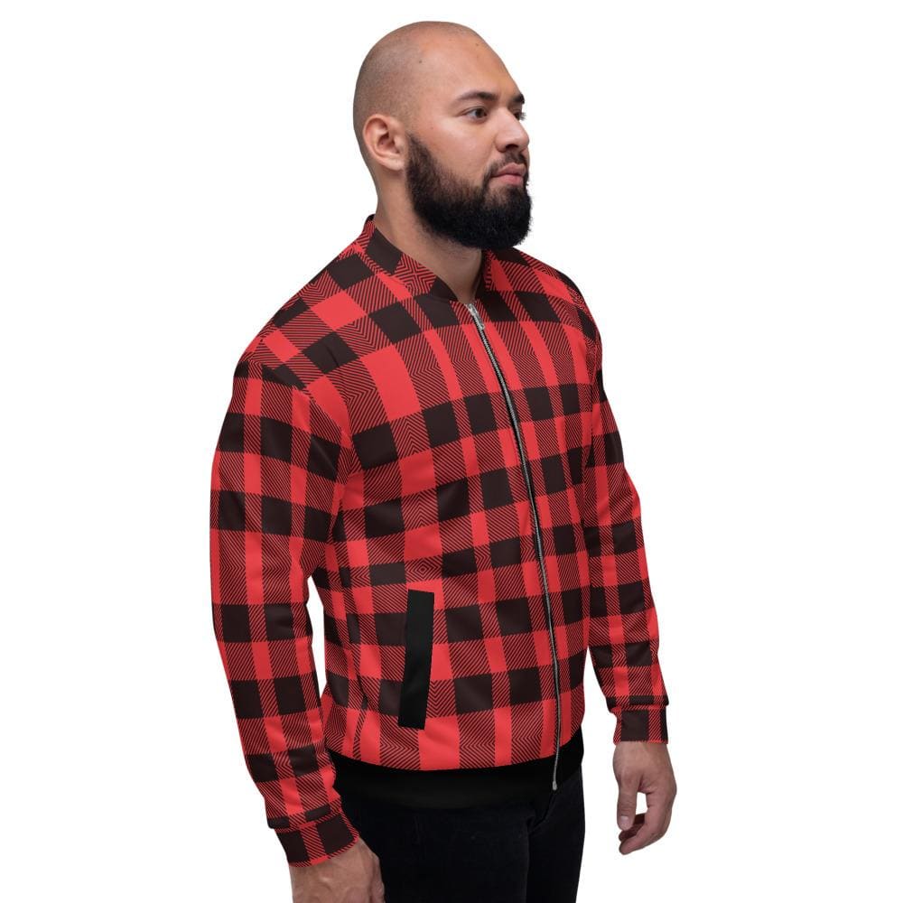 Bomber Jacket for Men - Red and Black Plaid Colorblock Pattern-2