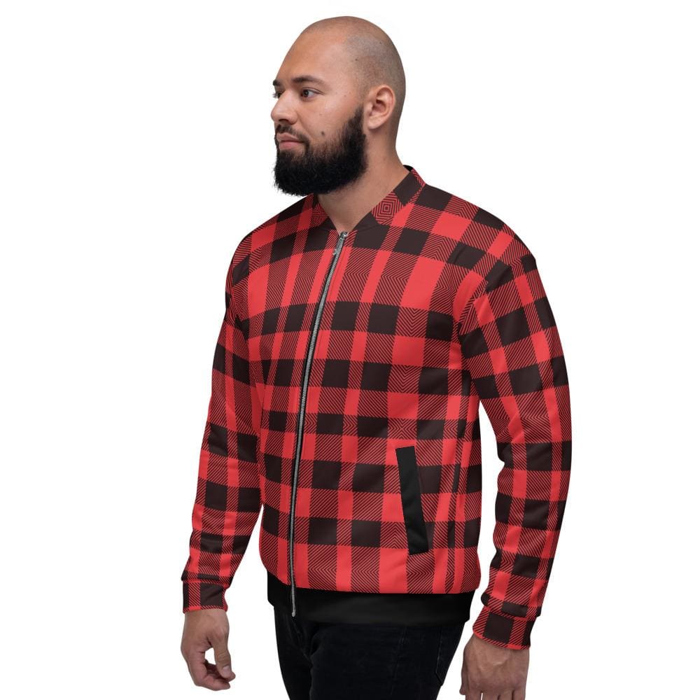 Bomber Jacket for Men - Red and Black Plaid Colorblock Pattern-3