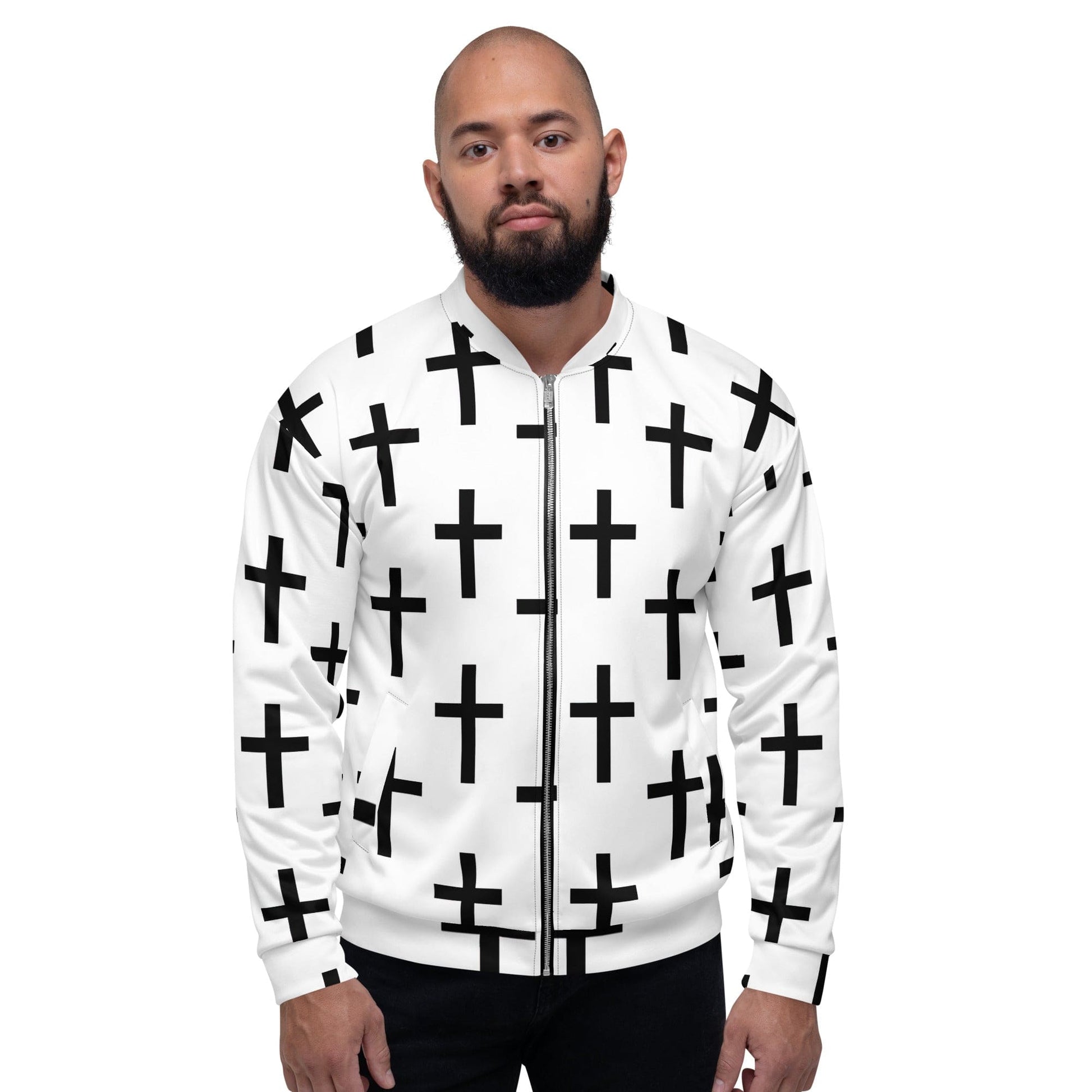Mens Bomber Jacket - White Black Cross Print-4
