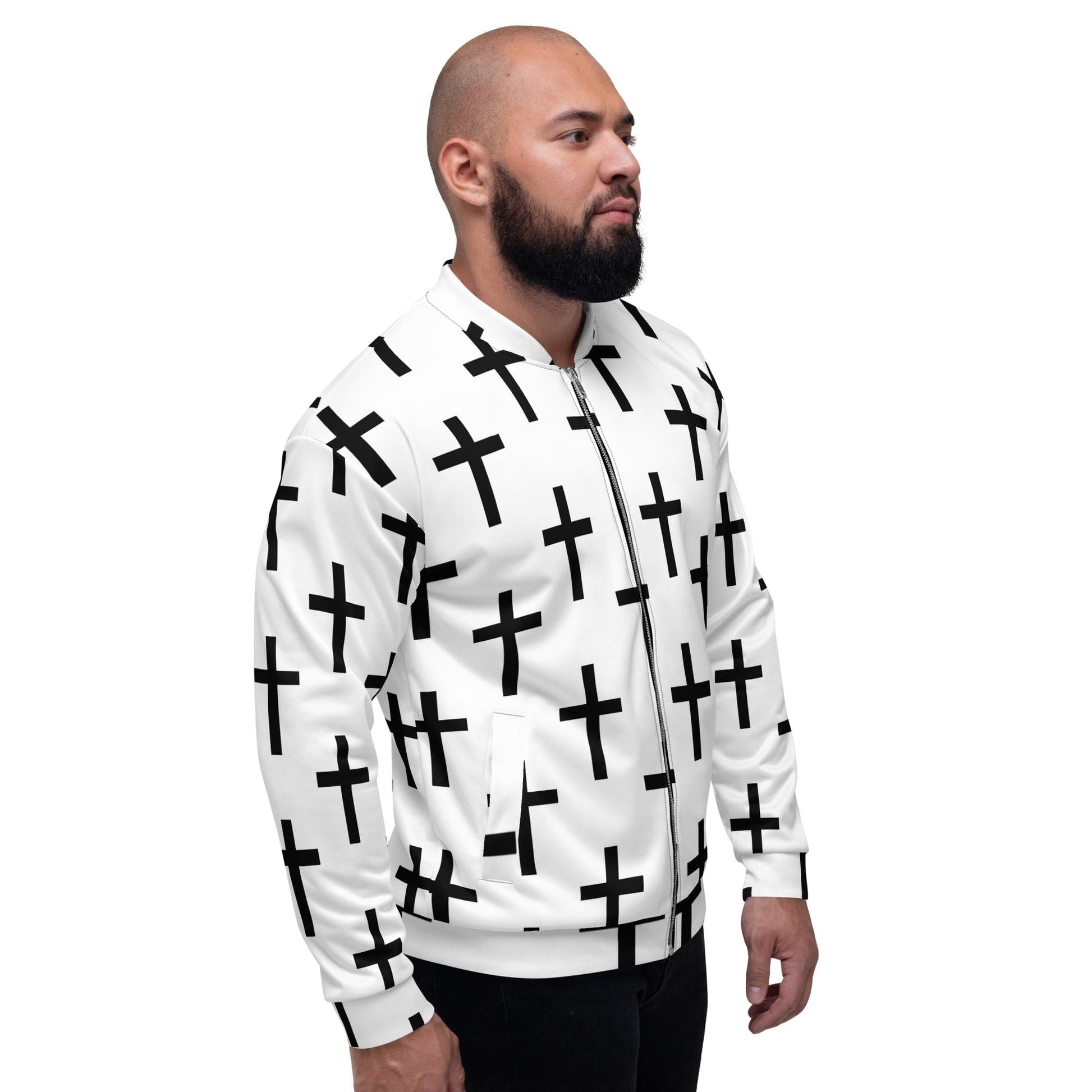 Mens Bomber Jacket - White Black Cross Print-2