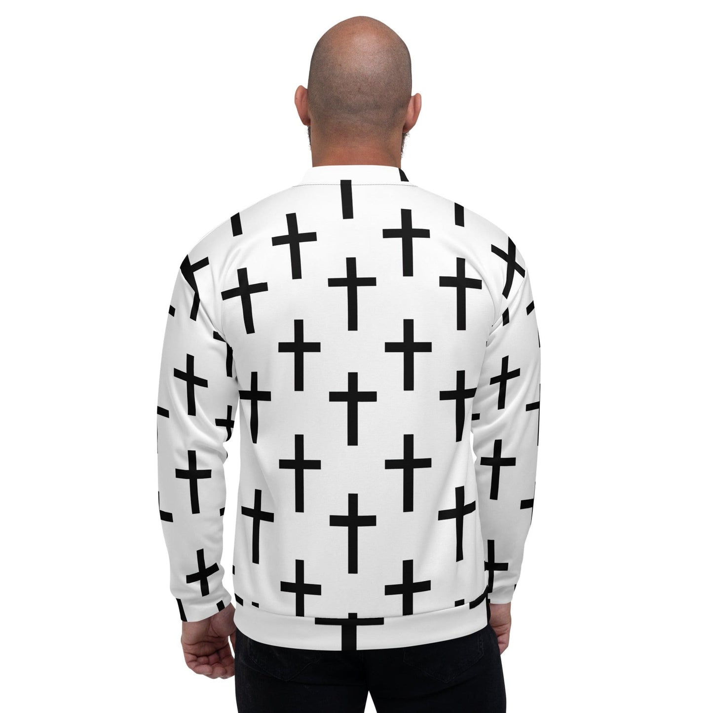 Mens Bomber Jacket - White Black Cross Print-1