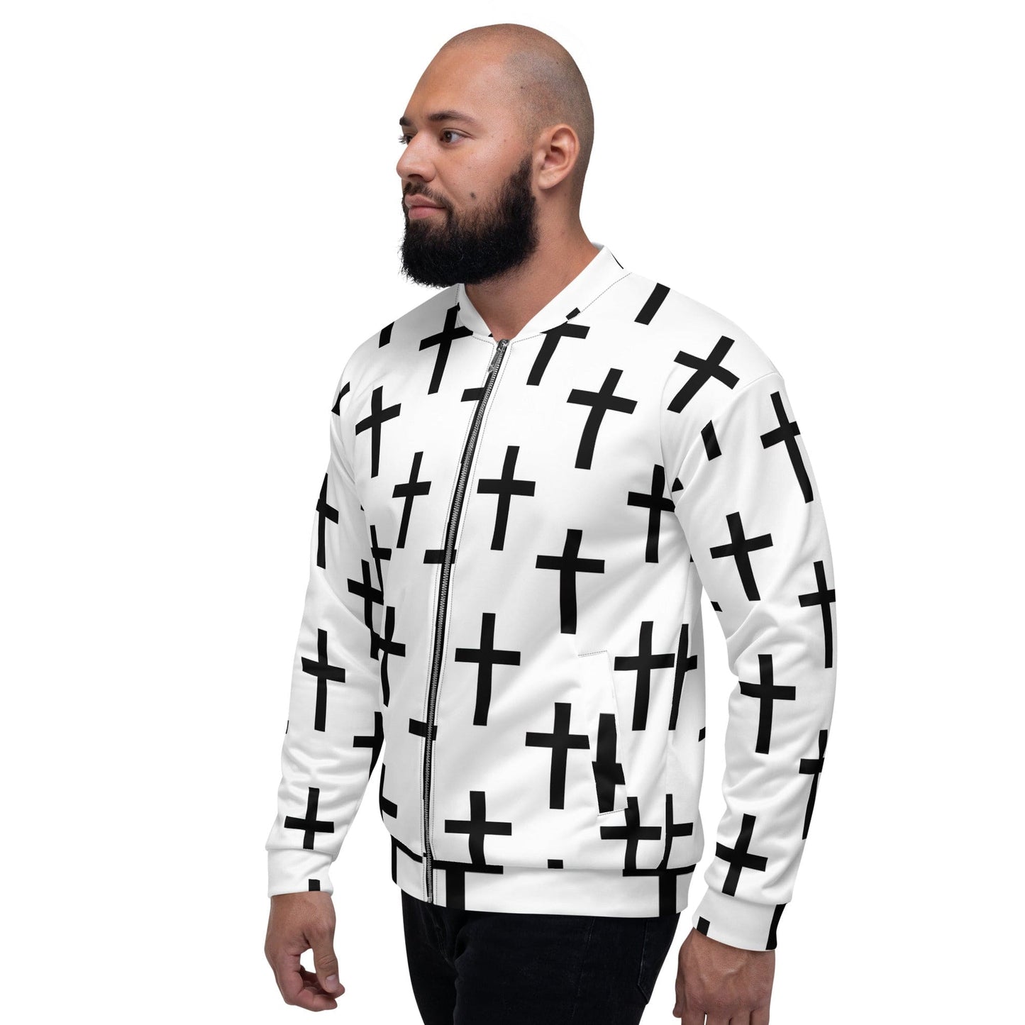 Mens Bomber Jacket - White Black Cross Print-3