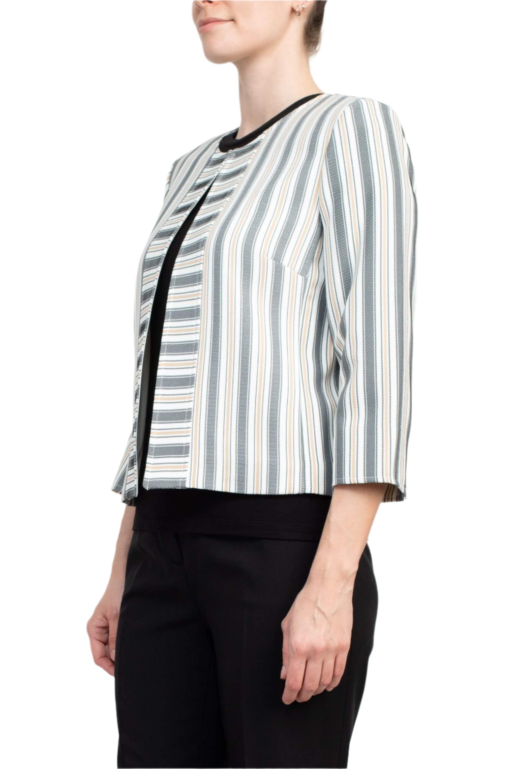 Tahari ASL Crew Neck 3/4 Sleeve Hook & Eye Stripe Print Twill Jacket-1
