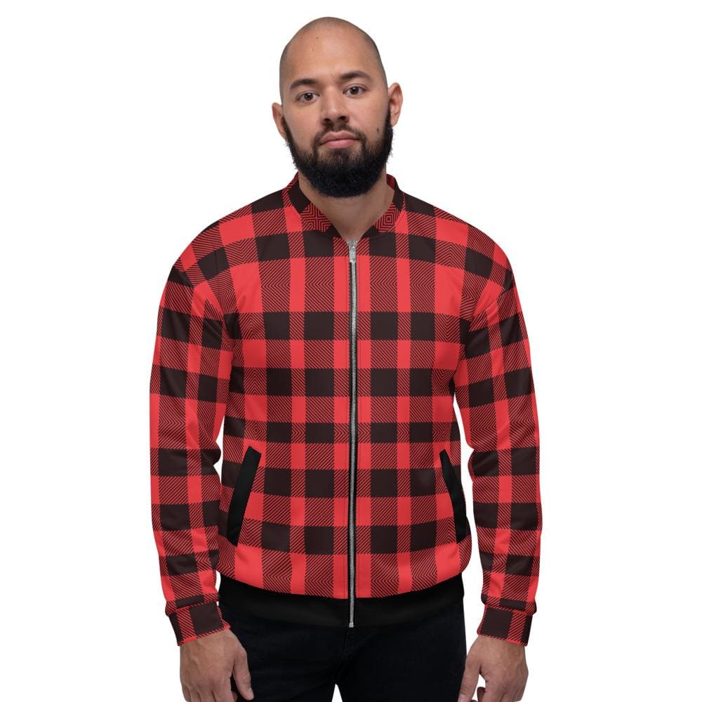 Bomber Jacket for Men - Red and Black Plaid Colorblock Pattern-0