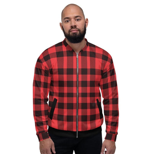Bomber Jacket for Men - Red and Black Plaid Colorblock Pattern-0